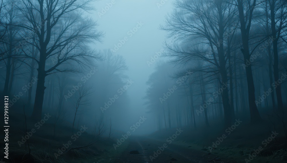 Foggy Forest Path with Bare Trees and Mysterious Atmosphere Foggy Forest Path with Bare Trees and Mysterious Atmosphere