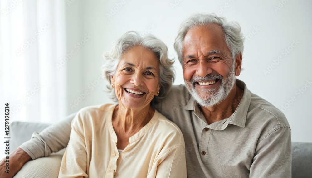 Portrait of happy senior indian couple. Elderly man, woman with grey hair smiling, sitting together. Husband and wife embrace, enjoy retirement, healthy lifestyle, strong relationships, family love. Portrait of happy senior indian couple. Elderly man, woman with grey hair smiling, sitting together. Husband and wife embrace, enjoy retirement, healthy lifestyle, strong relationships, family love.