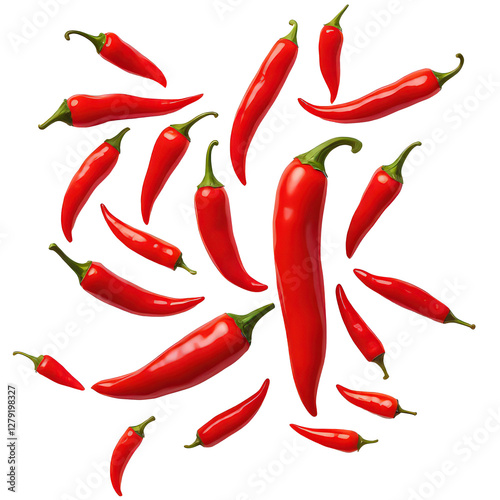 Vibrant Red Chili Peppers Scattered on a White Background