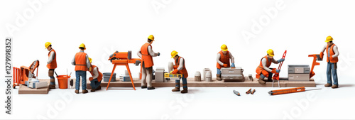 A 3D illustration of a construction worker wearing a helmet, with red and yellow abstract lines in the background, symbolizing teamwork and repair work