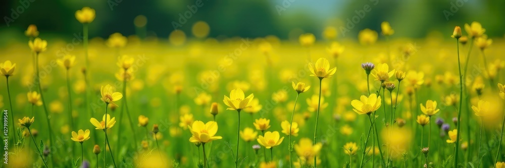 Obraz premium Abundant Yellow Partridge Peas Chamaecrista fasciculata in a sunny wetland meadow, flowers, lush green