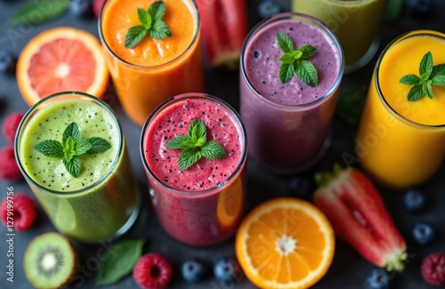 Top view of colorful fruit smoothies from different fruits and vegetables in glasses with mint. Healthy detox diet drink, vegetarian food, breakfast with vitamins, natural summer beverage.