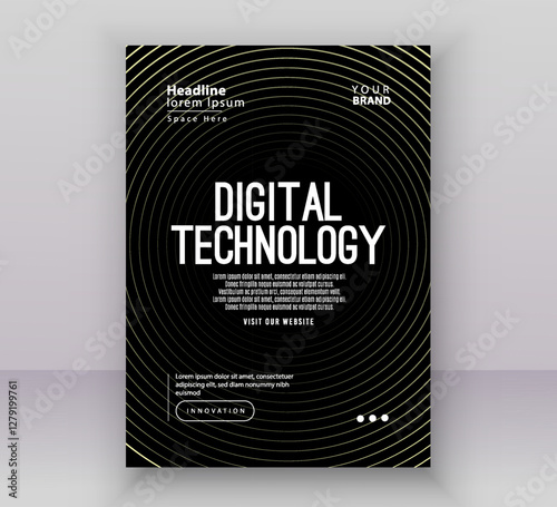 Gold black gradient technology digital cover connect template, abstract cyber nano information communication, innovation future tech data, internet network connection, Ai big data line illustration