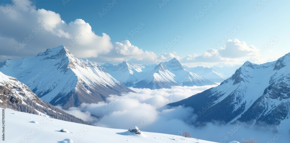 Obraz premium Clouds drift lazily across the sky of a frozen mountain range, sky, mountains, peaceful