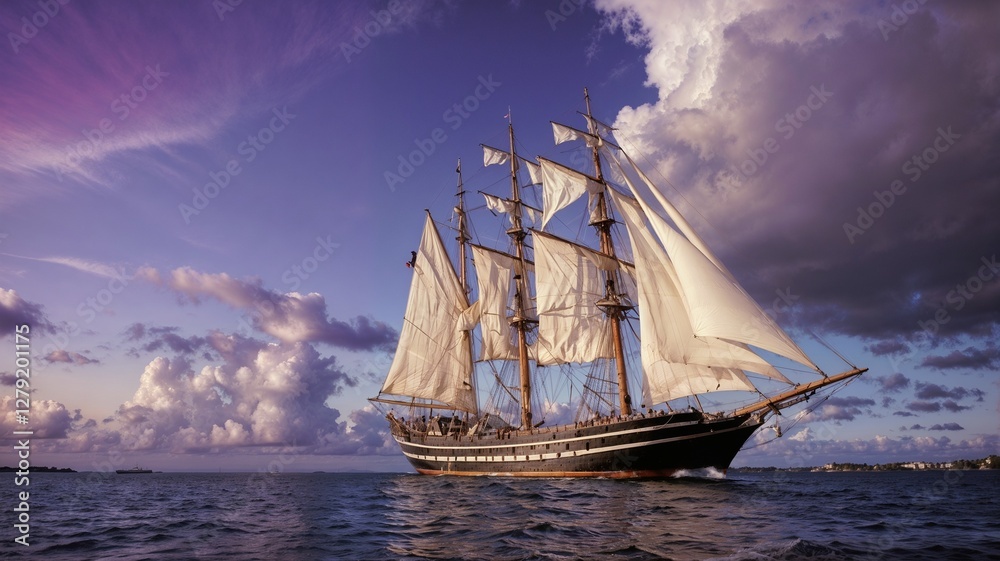 Obraz premium Purple Sky with White Clouds and a Tall-Masted Sailing Ship