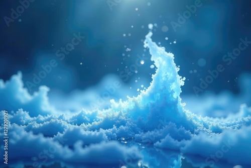 Ethereal wisps of blue vapour float in air above solid surface, light, icy
