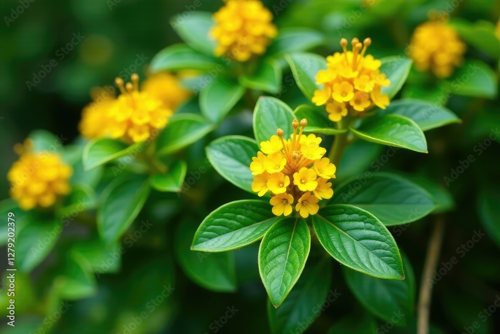 Evergreen shrub Mahonia aquifolium with glossy leaves and clusters of yellow flowers, botanical, greenery, garden features Evergreen shrub Mahonia aquifolium with glossy leaves and clusters of yellow flowers, botanical, greenery, garden features