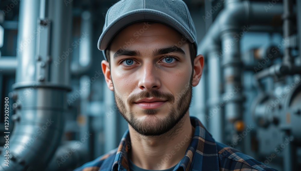 Young Man in Industrial Setting with Pipes and Machinery Background Young Man in Industrial Setting with Pipes and Machinery Background
