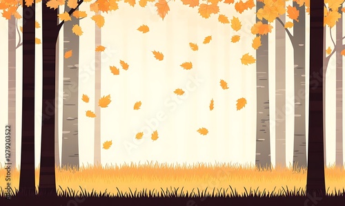 A vibrant cartoon depiction of an autumn forest with golden leaves falling.