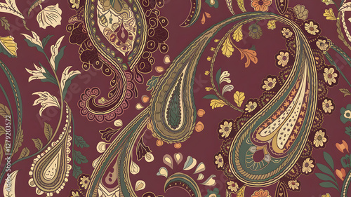 Paisley Pattern: a close-up of a seamless pattern, offering a rich and detailed illustration of the iconic teardrop-shaped motifs in warm colors.