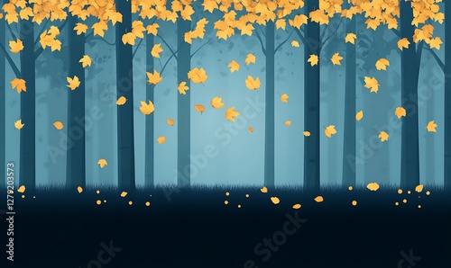 A colorful cartoon depiction of an autumn forest with golden leaves falling.