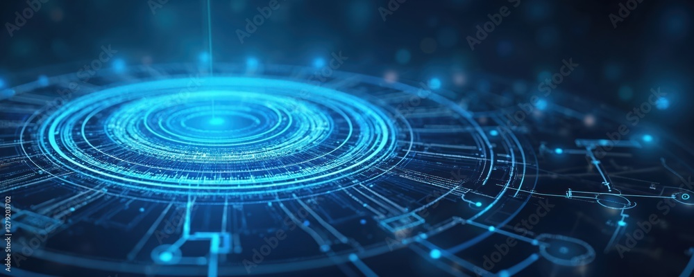 Fototapeta premium Abstract tech background with blue glowing circle. Tech innovation, cyberspace concept. Futuristic design with digital elements, laser light, and engineering circuits. Modern science abstract image.