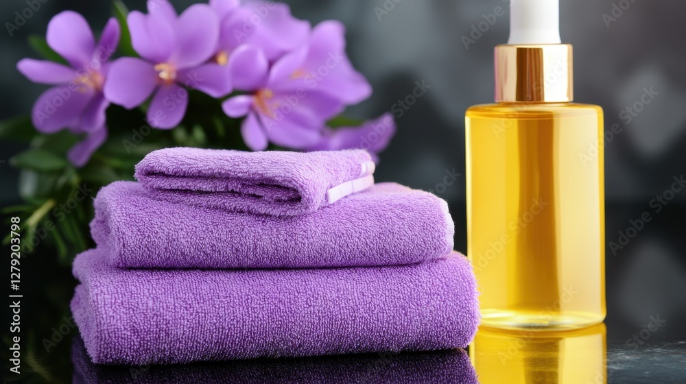 Purple towels stacked on a dark surface, alongside a bottle of yellow oil and a bouquet of purple flowers. Soft lighting highlights the towels and Purple towels stacked on a dark surface, alongside a bottle of yellow oil and a bouquet of purple flowers. Soft lighting highlights the towels and