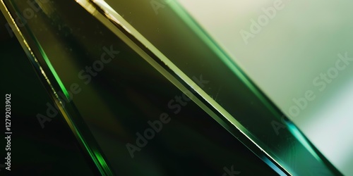 Extreme macro of a polished triangle glass with colorful edges, warm amber highlights, and blurred background. Perfect for creative and commercial projects, green dan yellow, gold
