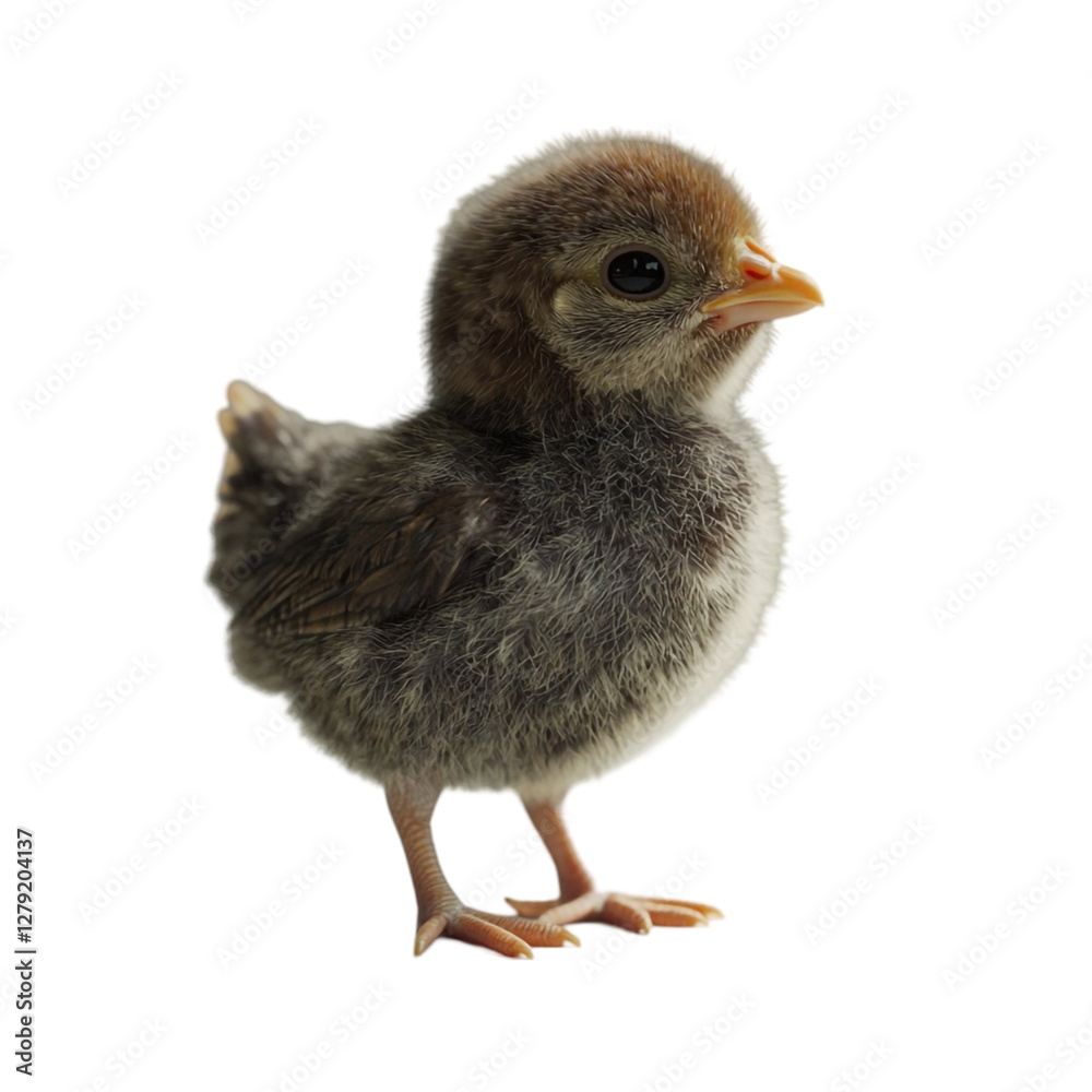 Obraz premium Adorable fluffy chick standing cute baby bird yellow background