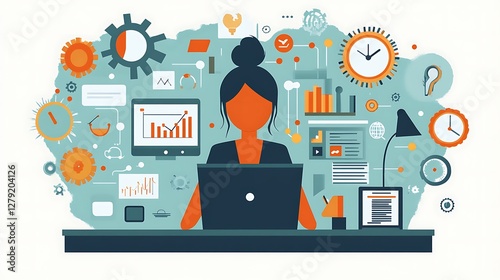 Woman works on laptop, busy office