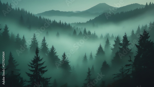 Misty Evergreen Forest With Rolling Hills and Fog Creating a Mysterious Atmosphere photo