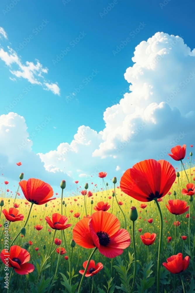 Fototapeta premium Poppies against a blue sky with fluffy white clouds, art, nature
