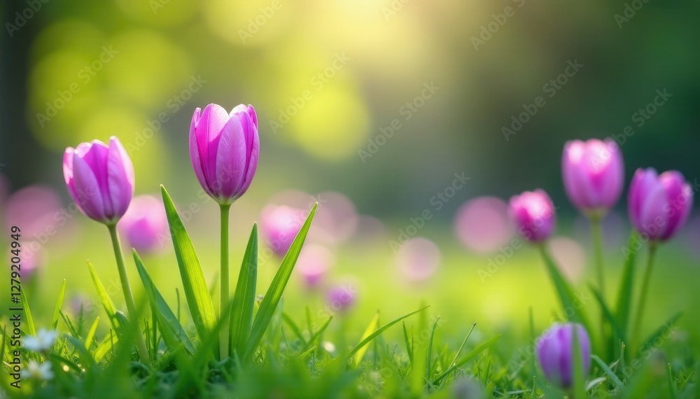 Fototapeta premium Purple bulb flowers blooming in a meadow with soft focus effect and greenery, grass, garden