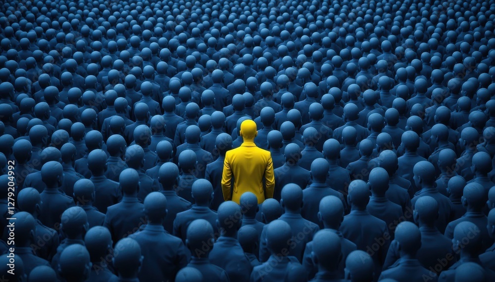 Obraz premium Individual in Yellow Among a Sea of Uniform Blue Figures