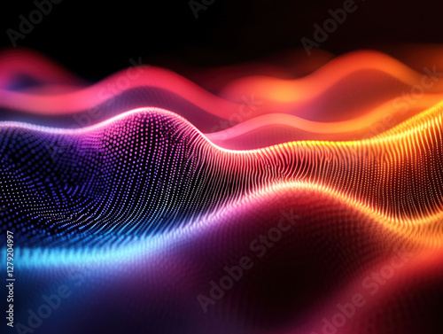an abstract digital image that represents wave-like structures consisting of many glowing dots. 