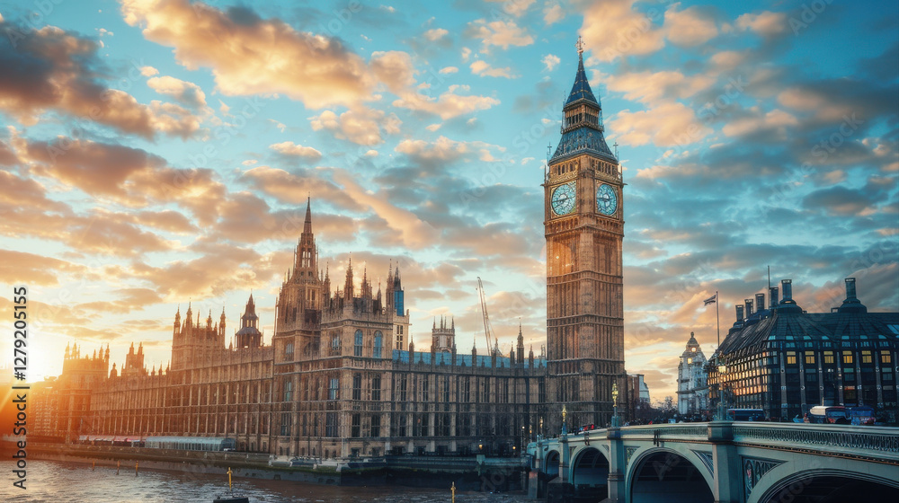 Obraz premium Stunning view of iconic Big Ben and Houses of Parliament at sunset, showcasing beautiful architecture and vibrant sky