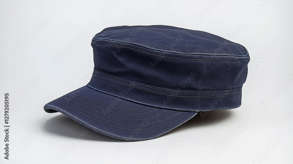 Blue military style cap resting on white background Blue military style cap resting on white background