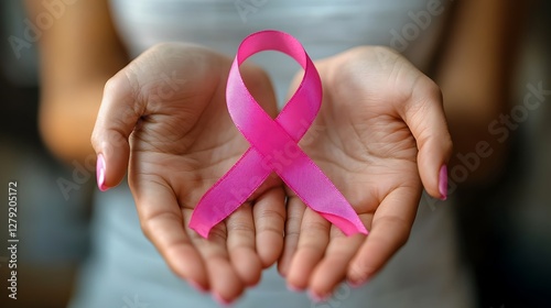 Woman's hands hold pink ribbon
