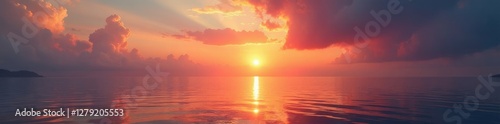Seaside landscape with a stunning sunset and silvery water, morning, daybreak