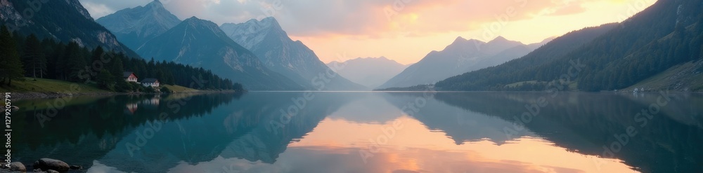 Serene reflection of Alpsee lake in Bavarian landscape at dawn, alpine scenery, peaceful atmosphere, german lakes Serene reflection of Alpsee lake in Bavarian landscape at dawn, alpine scenery, peaceful atmosphere, german lakes