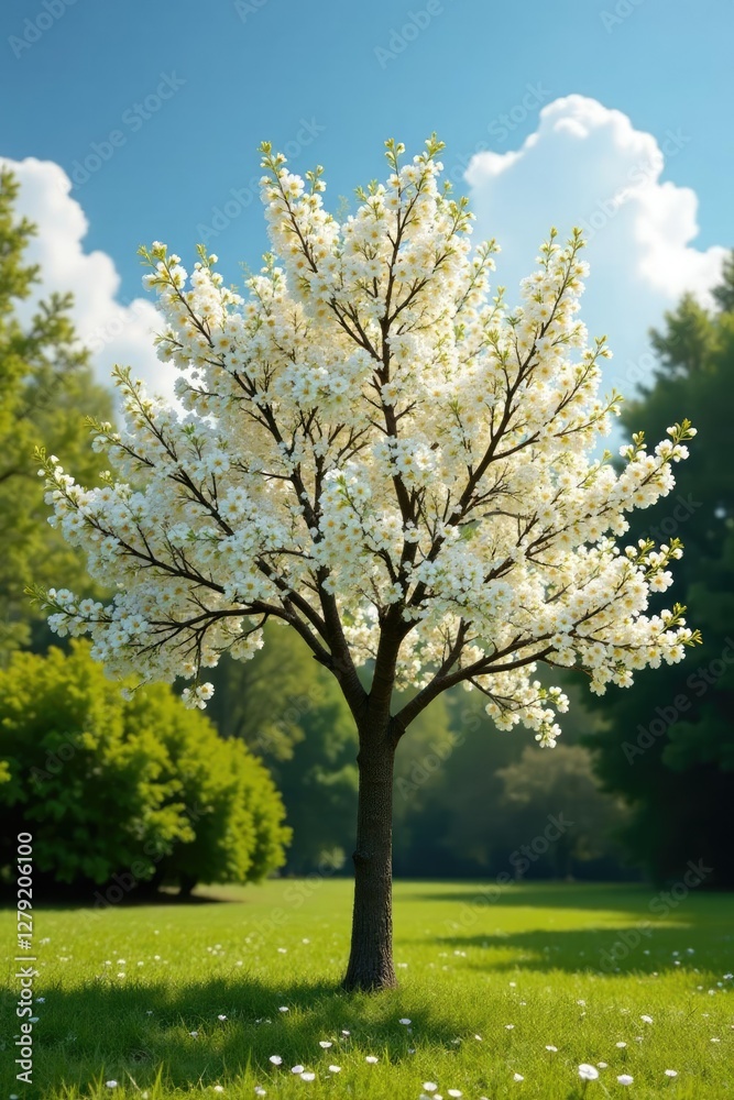 Single white Acacia tree with sprawling branches in garden, spring, branch Single white Acacia tree with sprawling branches in garden, spring, branch