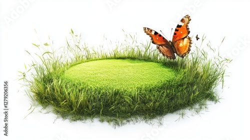 Green grass island with butterfly, nature scene, isolated