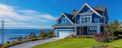 Insurance coverage for property damage and risk assessment, beautiful blue house by sea with well maintained lawn and scenic ocean view