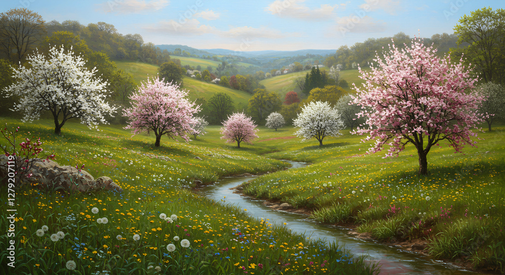 The painting realistically portrays a spring valley filled with blooming trees and green meadows. The painting realistically portrays a spring valley filled with blooming trees and green meadows.