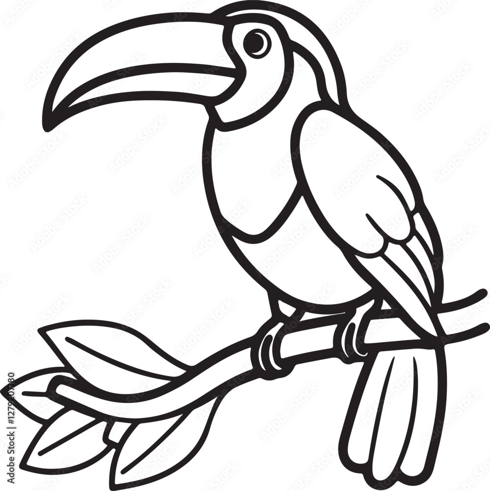 Fototapeta premium toucan bird on tree branch line art, black outline, vector and illustration, line art&nbsp;and&nbsp;outline