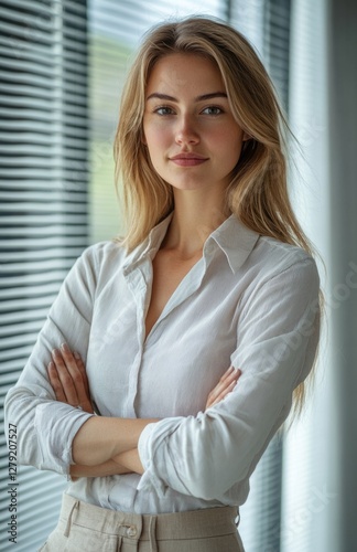 Free Download Confident businesswoman standing in an office with arms crossed - GFXLoad