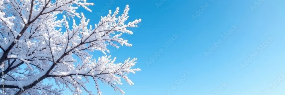 White frozen tree branches against a blue sky, winter landscape, blue sky, white branches White frozen tree branches against a blue sky, winter landscape, blue sky, white branches