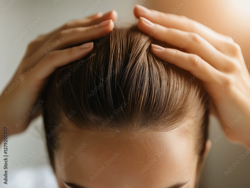 Woman touching wet hair after shower in morning light Woman touching wet hair after shower in morning light