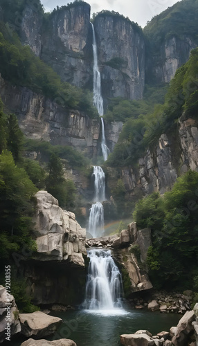 Majestic Waterfall Cascading Down Rocky Cliffs