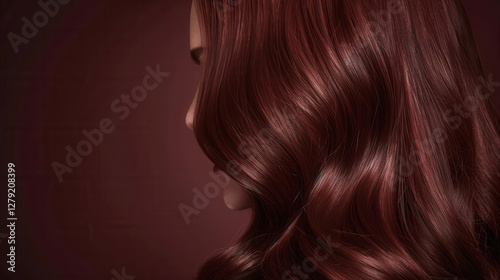 rich auburn hairstyle with deep reddish brown waves against dark background. flowing locks create sense of elegance and allure