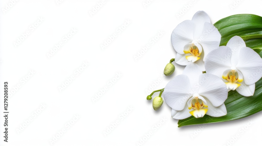 Obraz premium Three elegant orchids with green foliage on a plain white background. Close up view with ample space for text or design