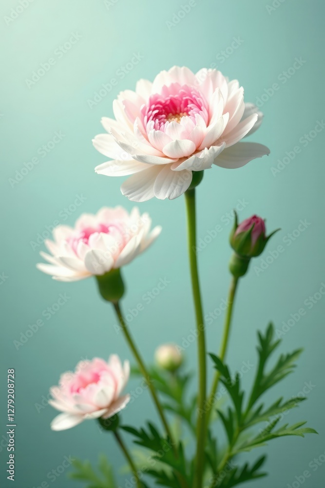 White ranunculus flowers with pink accents swaying gently in the breeze, white, delicate, blooming White ranunculus flowers with pink accents swaying gently in the breeze, white, delicate, blooming