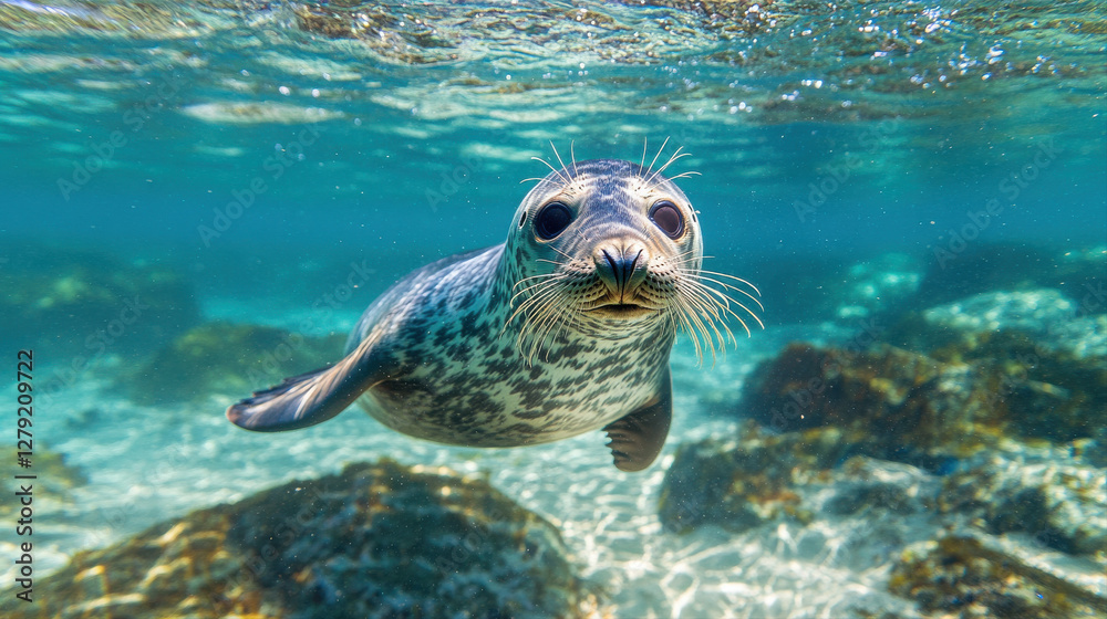 Fototapeta premium Seal swimming playfully in clear blue ocean, surrounded by rocks and sunlight