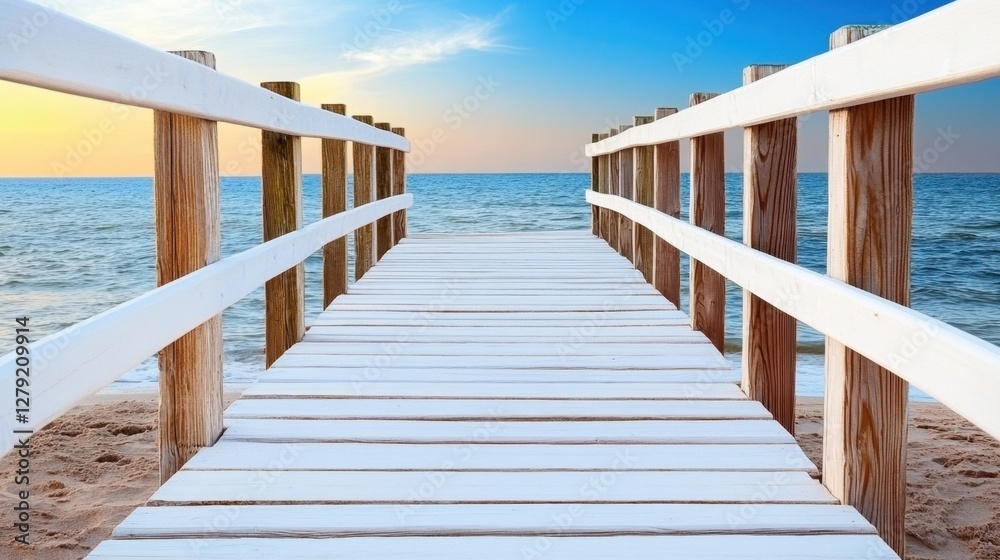 A wooden walkway extends over a sandy beach toward a calm ocean under a sunrise sky. Muted colors and soft light create a peaceful seascape A wooden walkway extends over a sandy beach toward a calm ocean under a sunrise sky. Muted colors and soft light create a peaceful seascape