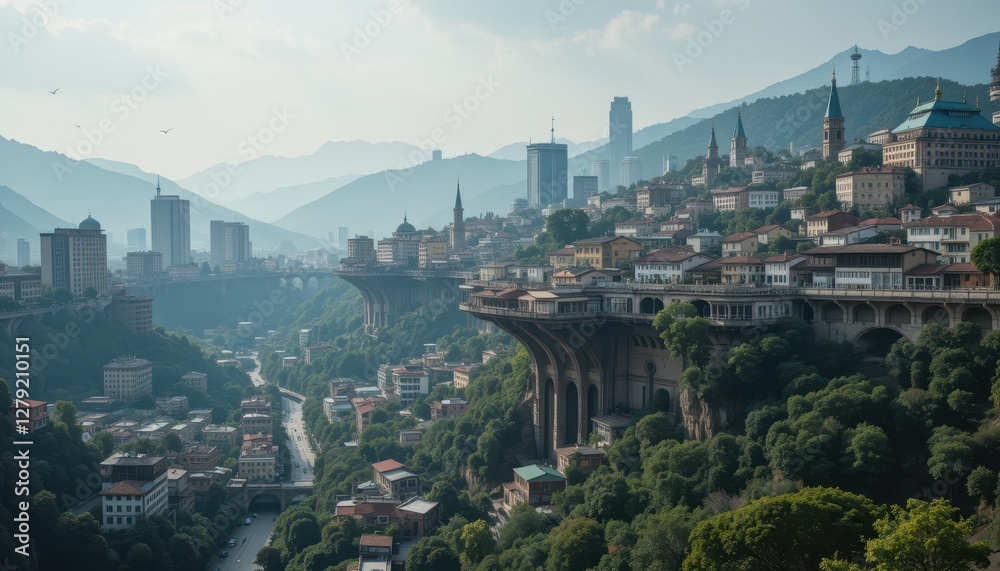 Obraz premium Scenic Aerial View of Modern City Built on Mountainous Landscape