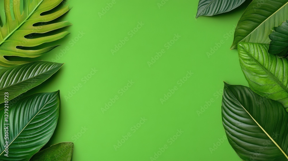 Fototapeta premium Overhead shot of a vibrant green background with an abstract border of tropical green leaves, creating a fresh, natural frame. The composition