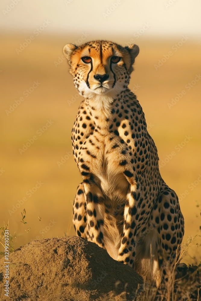 Cheetah poised on mound, showcasing agility and grace in golden Cheetah poised on mound, showcasing agility and grace in golden