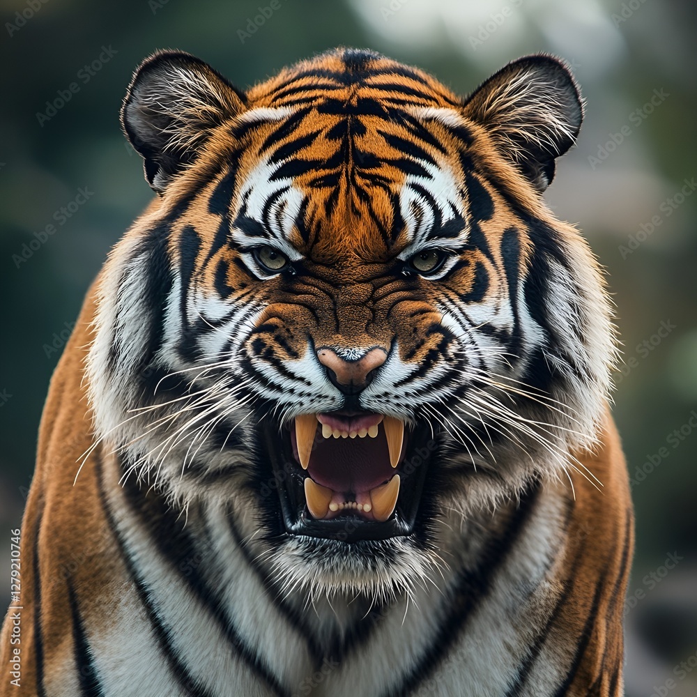 Naklejka premium Close-up of a fierce tiger with vivid orange and black stripes, baring its teeth and showcasing intense, piercing eyes.