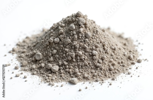 Pile of grey dust, dirt, rubbish on white background. Heap of construction waste, unhealthy unhygienic rubbish, mess concept. Abstract backdrop of environmental pollution, allergy trigger.