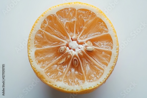 A lemon cut in half, showing its juicy, pulpy interior, isolated on a white background